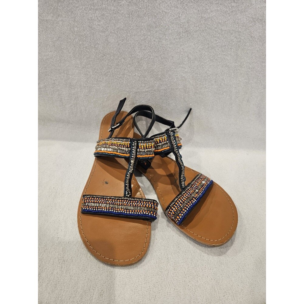 Rampage Lenore Beaded Black Strappy Sandals with Tan Footbed 8